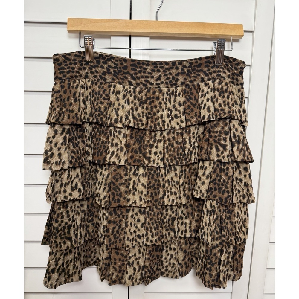 Nue Options Leopard Print Pleated Tiered Mini Skirt Career Office Size 10P